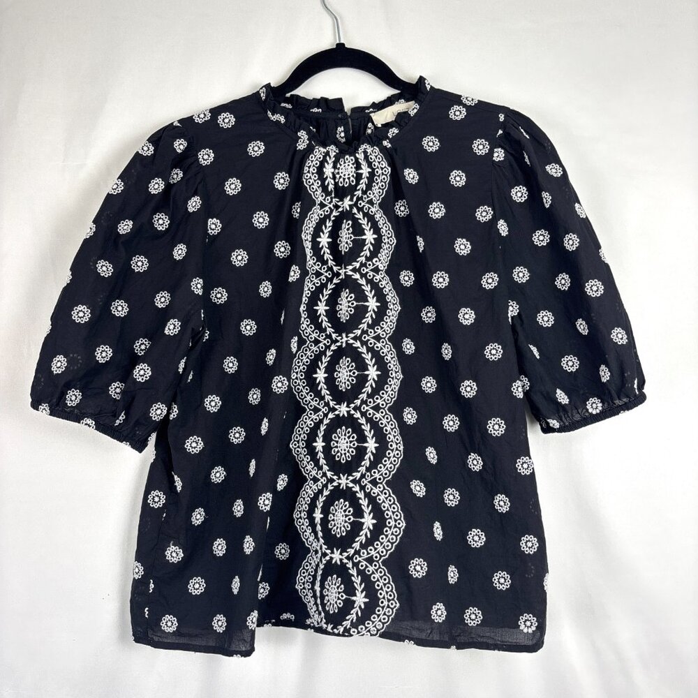 LOFT Black Embroidered Puff Sleeve Top Women's Size Large Boho Cottagecore - Picture 2 of 15